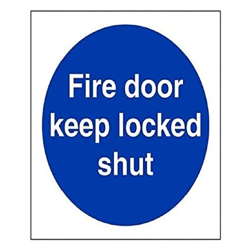 vsafety Abdeckkappe AF-S Gebotszeichen", Fire Door Keep Locked Shut", selbstklebend, quadratisch, 100 mm x 100 mm, blau von VSafety