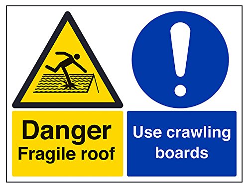 vsafety Schilder 67062bf-s "Danger Fragile Dach/Anwendung kriechen Boards" Warnung Building Schild, selbstklebend, Landschaft, 400 mm x 300 mm, schwarz/blau/gelb von VSafety