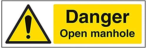 VSafety Schild "Danger, Open Manhole", Querformat, 300 mm x 100 mm, 1 mm starrer Kunststoff von V Safety