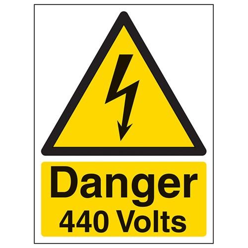 vsafety Schilder 68009 an-r "Gefahr 440 Volt" Achtung Elektrische Zeichen, 1 mm starrer Kunststoff, Hochformat, 150 mm x 200 mm x 200 mm, schwarz/gelb von VSafety