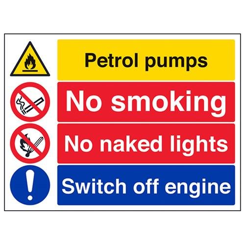 vsafety Schilder 69037bf-s "Petrol Pumpen/NO SMOKING/NO NAKED LIGHTS/Switch Off Motor" Achtung Fire und schwer entflammbar Schild, selbstklebend, Landschaft, 400 mm x 300 mm, schwarz/blau/rot/gelb von VSafety