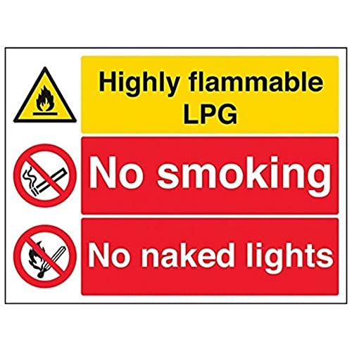 VSafety Warnschild „Hoch entzündlich/Rauchen verboten/Kein offenes Licht“ (Highly Flammable/No Smoking/No Naked Lights), Querformat, 400 x 300 mm, 1 mm dicker starrer Kunststoff von VSafety