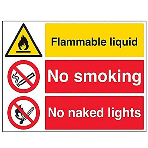 VSafety Signs englisches Warnschild „Flammable Liquid/No Smoking/No Naked Lights", Querformat, 600 x 450 mm, 1 mm starrer Kunststoff von VSafety