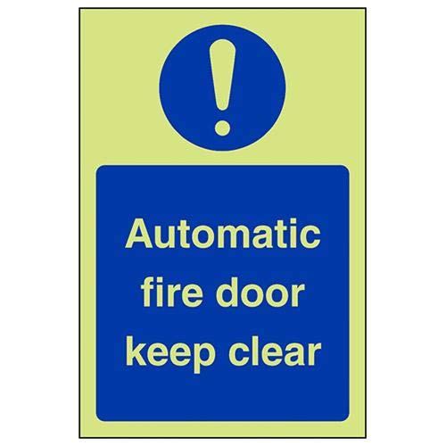 vsafety Schrankverbinder an-g, Verbindungsbeschläge "Automatische Fire Door Keep Clear" Gebotszeichen, Glow in Dark, 1 mm, Kunststoff, Hochformat, 150 mm x 200 mm, blau von VSafety