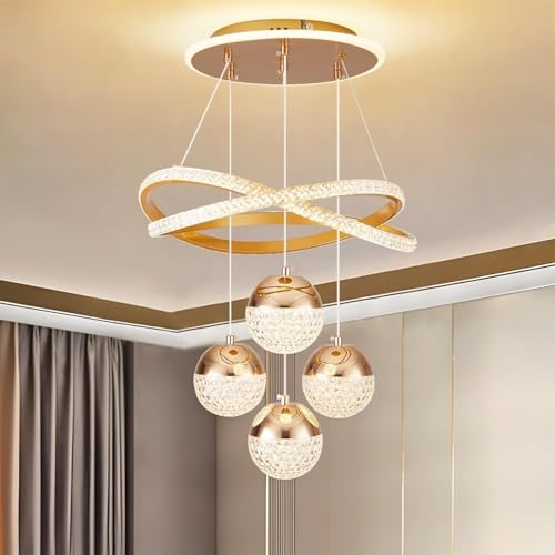 VTAMng Gold Acryl Kronleuchter Ring Moderne Led Kristall Küche Insel Leuchte Decke Hängen 3 Ball Dimmbare Deckenleuchten Led Pendelleuchte mit Fernbedienung Studie Büro Pendelleuchte(Gold,Regular styl von VTAMng