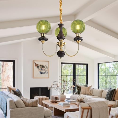 VTAMng Kronleuchter Globus Kücheninsel Pendelleuchten Grüner Glas Kronleuchter Deckenleuchten Gold Vintage Kunst Dekoration Mid Century Holz Hängebeleuchtung für Schlafzimmer Wohnzimmer(3 Lights) von VTAMng