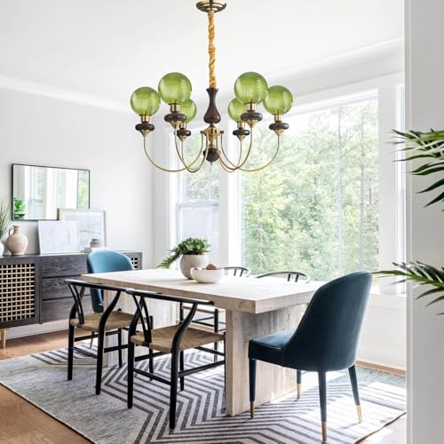 VTAMng Kronleuchter Globus Kücheninsel Pendelleuchten Grüner Glas Kronleuchter Deckenleuchten Gold Vintage Kunst Dekoration Mid Century Holz Hängebeleuchtung für Schlafzimmer Wohnzimmer(6 Lights) von VTAMng