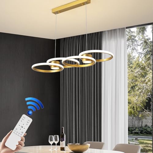 VTAMng LED Pendelleuchte Moderne Deckenleuchte aus Aluminium höhenverstellbar 80W Kronleuchter Restaurant Leuchte Tischplatte mit Fernbedienung Dimmfunktion geeignet für Wohnzimmer Kücheninsel(Gold) von VTAMng