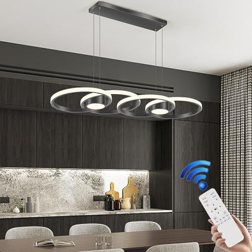 VTAMng LED Pendelleuchte Moderne Deckenleuchte aus Aluminium höhenverstellbar 80W Kronleuchter Restaurant Leuchte Tischplatte mit Fernbedienung Dimmfunktion geeignet für Wohnzimmer Kücheninsel(Black) von VTAMng