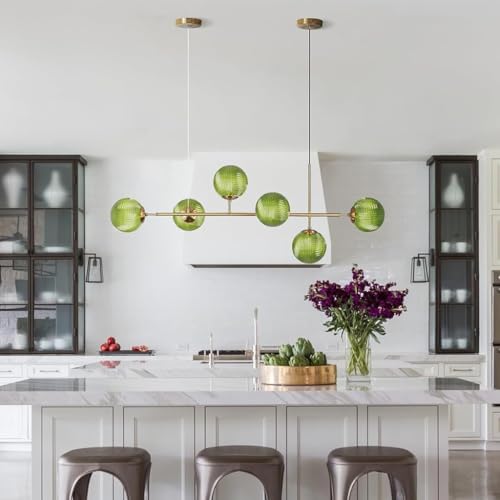 VTAMng Lineare Pendelleuchte Restaurant Mid-Century Gold 6-flammiger Sputnik Glas Kronleuchter mit grünem Kugelglas höhenverstellbar Moderne Hängeleuchte für Küche und Wohnzimmer(Green) von VTAMng