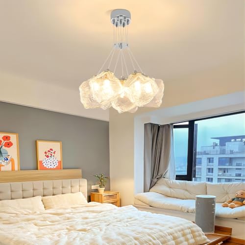 VTAMng Moderne Kronleuchter dekorative Wohnzimmerlampe Höhenverstellbar Eisstrukturform Pendelleuchte Chrom Metall Deckenlampe Glaslampenschirm Restaurant Schlafzimmer Kücheninsel Bar Café Hängelampe( von VTAMng