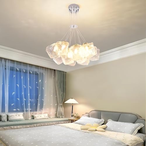 VTAMng Moderne Kronleuchter dekorative Wohnzimmerlampe Höhenverstellbar Eisstrukturform Pendelleuchte Chrom Metall Deckenlampe Glaslampenschirm Restaurant Schlafzimmer Kücheninsel Bar Café Hängelampe( von VTAMng