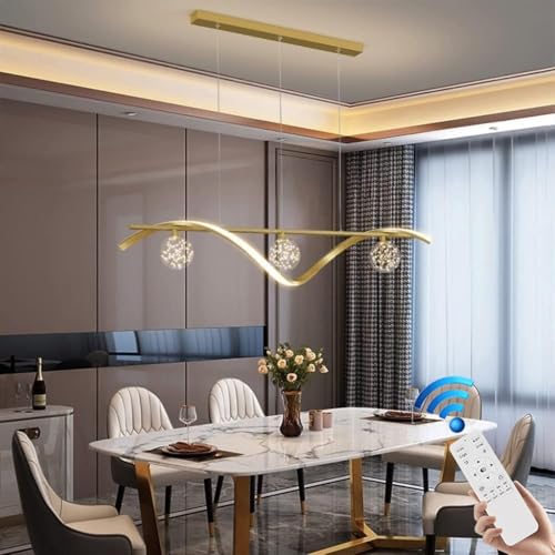 VTAMng Moderne LED Pendelleuchte Linear Höhenverstellbar Esszimmer Kronleuchter Dimmbar Nordischer Stil Glas Lampenschirm Hängelampe 3000-6000K Deckenlampe Esstisch Wohnzimmer Bar Café Lampe(Gold) von VTAMng