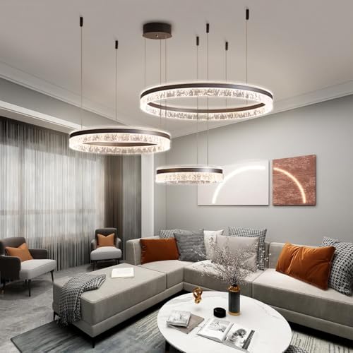 VTAMng Moderner dimmbarer LED Kronleuchter aus Aluminium mit Fernbedienung brauner Ring schicke Hängelampe große Deckenleuchte fürs Wohnzimmer verstellbare runde Pendelleuchte aus Acryl fürs Restauran von VTAMng