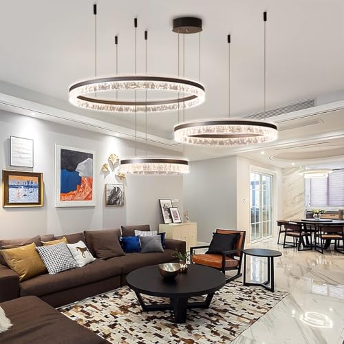 VTAMng Moderner dimmbarer LED Kronleuchter aus Aluminium mit Fernbedienung brauner Ring schicke Hängelampe große Deckenleuchte fürs Wohnzimmer verstellbare runde Pendelleuchte aus Acryl fürs Restauran von VTAMng