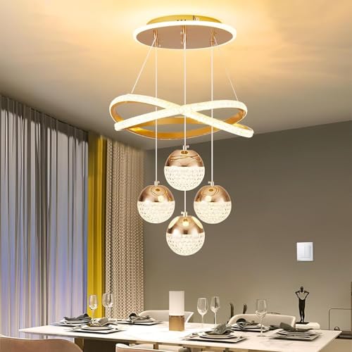 VTAMng Moderner goldener LED Kronleuchter für Esstisch dimmbare Pendelleuchte geeignet für Kücheninsel Esszimmer Wohnzimmer moderne Deckenleuchte höhenverstellbar Heimdekor Beleuchtungskörper(Gold,Reg von VTAMng