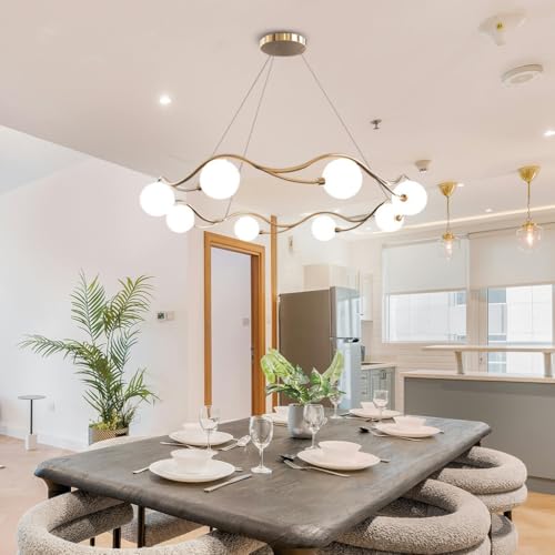 VTAMng Moderner goldener Sputnik Kronleuchter 8-flammige Pendelleuchte mit einstellbarer Höhe goldene Metall Deckenleuchte mit weißen Kugelschirmen ideal für Wohnzimmer Esszimmer Garderobenbeleuchtung von VTAMng