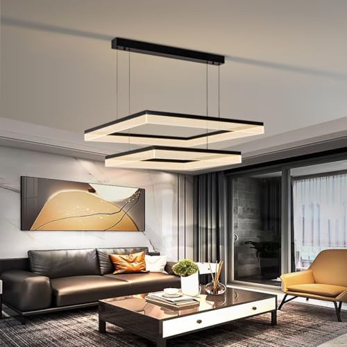 VTAMng Rechteckiger Kronleuchter dimmbar große Pendelleuchte fürs Wohnzimmer höhenverstellbar dekorative Beleuchtung Aluminium Hängelampe geeignet für Kücheninsel Restaurant Hotel Café(80cm+60cm) von VTAMng