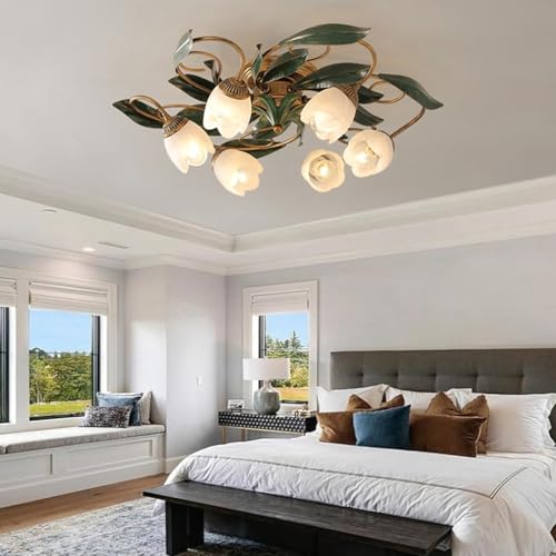 Retro Deckenlampe Antik Bronze Eisen Deckenleuchte Glas Blumen Lampenschirm Mittelalter Nordischer Stil E14 Innendekoration Beleuchtung Geeignet für Esszimmer Wohnzimmer Garderobe Deckenlicht(6 heads) von VTAMng