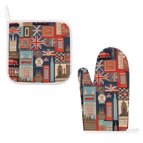 England Symbols Ofenhandschuhe und Topflappen, 2er-Set, hitzebeständig, rutschfest, Ofenhandschuhe und heiße Pads, waschbare Küchenhandschuhe für Küche, Kochen, Backen, Grillen von VTCTOASY