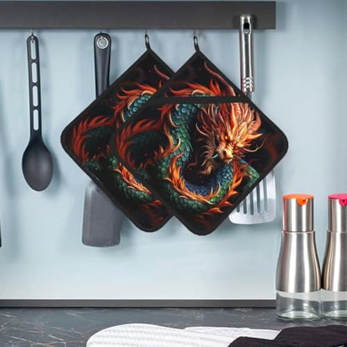 Topflappen 2er Set Hitzebeständiger Topflappen zum Kochen Chinesischer Drache Topflappen mit Aufhängeschlaufen Ofen Hot Pads Küchenuntersetzer zum Backen Heiße Matten für BBQ von VTCTOASY