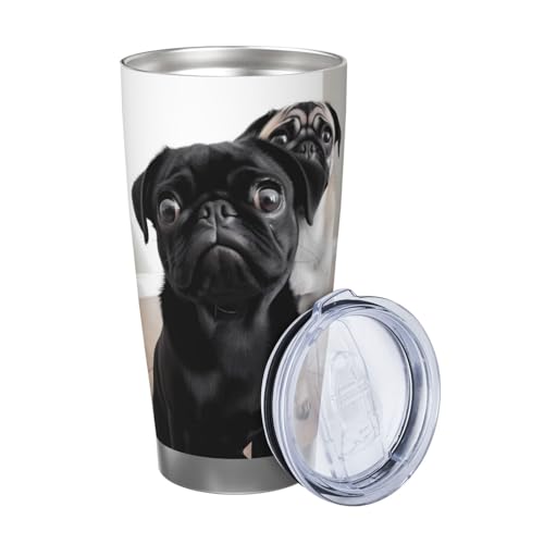 VTCTOASY Thermobecher mit süßem Mops-Aufdruck, 590 ml, mit Deckel und Strohhalm, Kaffeebecher, Edelstahl, Reisebecher für Damen und Herren von VTCTOASY