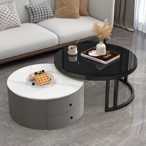 VTELGT 2 Stücke Beistelltisch Set Rund, Couchtisch mit 2 Schubladen, Kaffeetisch mit Tischplatte aus Marmor Steinplatte und Gehärtetem Glas Für Schlafzimmer Wohnzimmer Balkon Büro,Grau rund von VTELGT