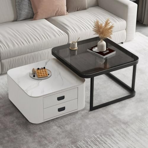 VTELGT 2 Stücke Beistelltisch Set Rund, Couchtisch mit 2 Schubladen, Kaffeetisch mit Tischplatte aus Marmor Steinplatte und Gehärtetem Glas Für Schlafzimmer Wohnzimmer Balkon Büro,Weiß quadratisch von VTELGT