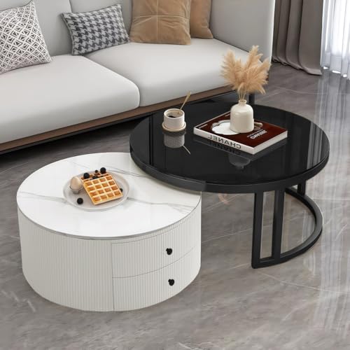VTELGT 2 Stücke Beistelltisch Set Rund, Couchtisch mit 2 Schubladen, Kaffeetisch mit Tischplatte aus Marmor Steinplatte und Gehärtetem Glas Für Schlafzimmer Wohnzimmer Balkon Büro,Weiß rund VTELGT 2 Stücke Beistelltisch Set Rund, Couchtisch mit 2 Schubladen, Kaffeetisch mit Tischplatte aus Marmor Steinplatte und Gehärtetem Glas Für Schlafzimmer Wohnzimmer Balkon Büro,Weiß rund von VTELGT