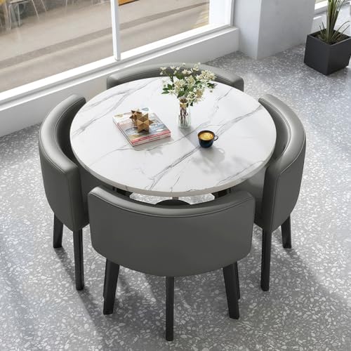 VTELGT Esstisch und 4 Stuhlset, 90cm Runder Esstisch und 4 Kunstleder Esszimmerstühle,platzsparendes für Küche, Wohnzimmer, Balkon, Restaurant, Büro,Weißer Kreis VTELGT Esstisch und 4 Stuhlset, 90cm Runder Esstisch und 4 Kunstleder Esszimmerstühle,platzsparendes für Küche, Wohnzimmer, Balkon, Restaurant, Büro,Weißer Kreis von VTELGT