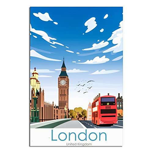 VTGCLT England London Vintage Reiseposter Big Ben Bus Leinwandbild Bilder Drucke Wandkunst für Schlafzimmer Büro Dekor 30 x 45 cm von VTGCLT