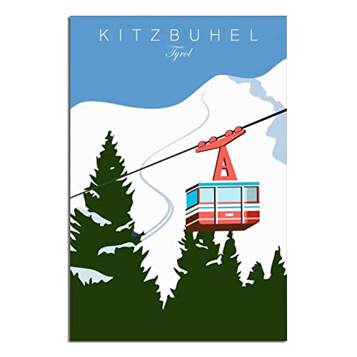 VTGCLT Österreich Tirol Kitzbuhel Vintage Reise Poster Schnee Berg Kabel Auto Leinwand Malerei Bilder Drucke Wandkunst für Schlafzimmer Büro Dekor 60 x 90 cm von VTGCLT