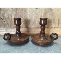 2 Vintage Holz Kerzenhalter 12cm Hoch, Rund Holz, Mid Century Candlelit, Primitiv, Boho Chic Decor von VTGItemsAddedDaily