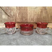 3 Vintage Cranberry Glas Milchkännchen Und Zucker Mit Jem Oder Candy Bowl Diamond Point Red Blitz von VTGItemsAddedDaily