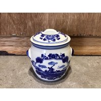 Vintage Delft Marnes Porzellan Senfglas Blau Weiß Delftware Marmelade Topf Deckel von VTGItemsAddedDaily