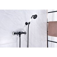 Schwarzer Retro-Badewannenhahn mit Handbrause, nostalgischer wandmontierter Zweigriff-Duschmischer, Messing-Duschhahn-Set von VTIZIKL