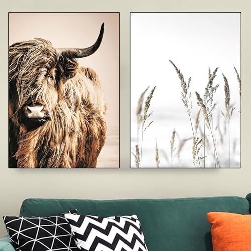 VTRXEG Highland Cow Leinwand, Modern Nordic Highland Kuh Kunstdrucke Poster,Für Wohnzimmer Schlafzimmer Wand Dekorative Bilder Ungerahmt (A,2x80x120cm) von VTRXEG