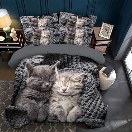 VTRXEG Katzen Bettwäsche 220x240,3D Katzenmotiv Mikrofaser Bettbezug, Haustier Katze Bettwäsche Sets 3teilig,mit Reißverschluss + 2 Kissenbezüge 50 x 75cm (A, 220x240cm) von VTRXEG