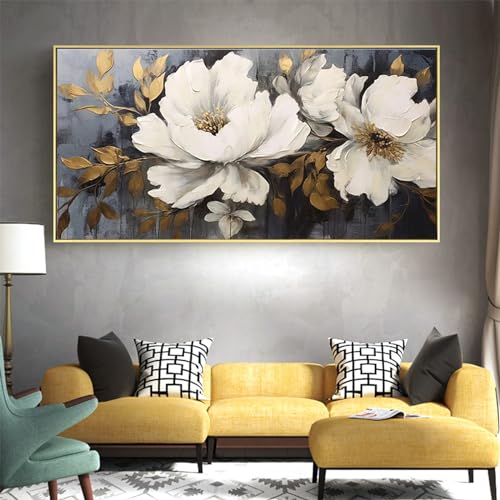 VTRXEG Leinwandbilder Blumen Weiße,Weiße Blumen Blatt Gold Poster,Modernes Wohnzimmer Schlafzimmer Wand Dekorative Malerei Unframed (70x140cm) von VTRXEG