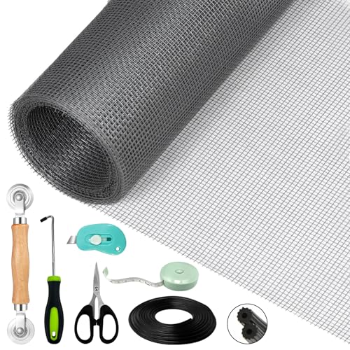 VTSHENY Fliegengitter Reparatur Set,Fliegengitter für Fenster (300 x 120cm - Grau),Fliegennetz&Mückennetz für Fenster mit 10Mx5mm Kederband/Doppelrad Dichtungseinroller/Kleines Messer/Haken/Maßstab von VTSHENY