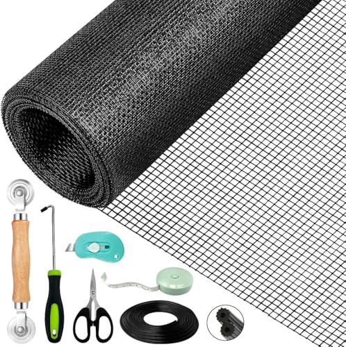 VTSHENY Fliegengitter für Fenster(300 x 120cm - Schwarz), Schneidbar, Reißfest, Fliegengitter Reparatur Set, Insektenschutz für Fenster mit Kederband/Doppelrad Seinroller/Kleines Messer/Haken/Maßstab von VTSHENY