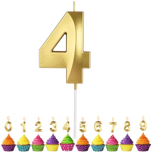 Geburtstagskerzen Zahlen 4, VUCDXOP 5cm Gold Geburtstagskerzen 4, 3D Geburtstagskerzen, Geburtstag Tortendeko, Geburtstag Kuchendeko, Geburtstag Kerzen Kinder für Geburtstag Jahrestag Partys von VUCDXOP