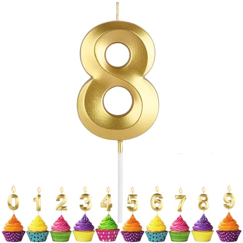 Geburtstagskerzen Zahlen 8, VUCDXOP 5cm Gold Geburtstagskerzen 8, 3D Geburtstagskerzen, Geburtstag Tortendeko, Geburtstag Kuchendeko, Geburtstag Kerzen Kinder für Geburtstag Jahrestag Partys von VUCDXOP