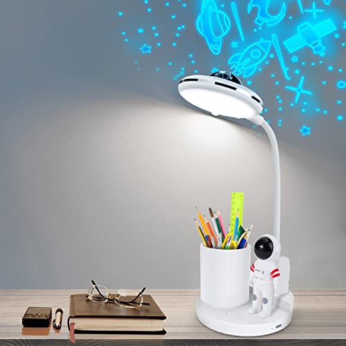 VUENICEE Schreibtischlampe Kinder, Schreibtisch lampe Dimmbare LED Tischlampe mit Stifthalter und Projektion, USB C Anschluss Nachttischlampe kinder, 360° Verstellbar Schwanenhals Leselicht von VUENICEE