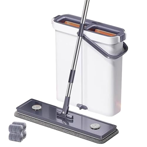 Bodenwischer und Eimer Set, großer flacher Mop und Eimer mit Auswringer-Set, einfach und einfach Squeeze Mop Eimer, flacher Mop mit Wischpads zum Reinigen von Wänden/Fenstern/Treppenhaus/Decke (4 Pads von VUKHWX