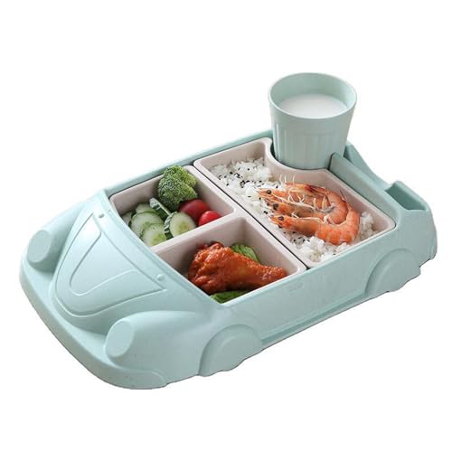 Kinder-Esszimmer-Set in Auto-Form, Auto-Abendessen mit separaten Tellern, Besteck und Wasserbecher für Jungen und Mädchen, Teller-Sets aus Faser-Kunststoff für Küche und Esstisch (Hellgrün) von VUKHWX