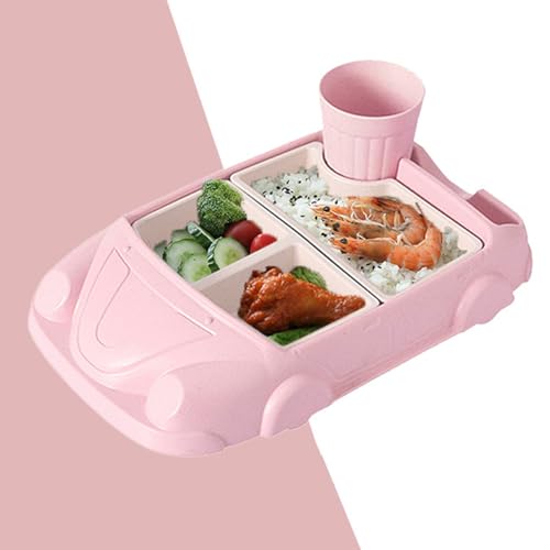 Kinder-Esszimmer-Set in Auto-Form, Auto-Abendessen mit separaten Tellern, Besteck und Wasserbecher für Jungen und Mädchen, Teller-Sets aus Faser-Kunststoff für Küche und Esstisch (Hellrosa) von VUKHWX
