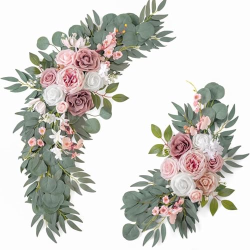 Künstliches Hochzeitsbogen Blumen Set, künstliche Rosen Blumen Swag, Eukalyptus Blättern, Dekorative Girlande mit Rosen Pfingstrose, künstliche Blumen Girlande mit Bändern (B) von VUKHWX