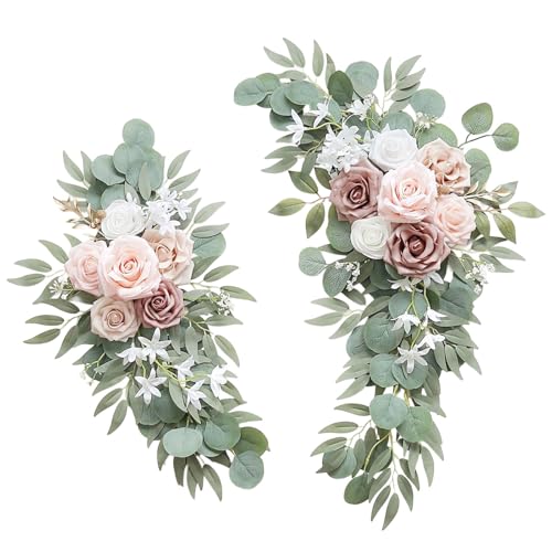Künstliches Hochzeitsbogen Blumen Set, künstliche Rosen Blumen Swag, Eukalyptus Blättern, Dekorative Girlande mit Rosen Pfingstrose, künstliche Blumen Girlande mit Bändern (C) von VUKHWX