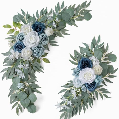 Künstliches Hochzeitsbogen Blumen Set, künstliche Rosen Blumen Swag, Eukalyptus Blättern, Dekorative Girlande mit Rosen Pfingstrose, künstliche Blumen Girlande mit Bändern (D) von VUKHWX